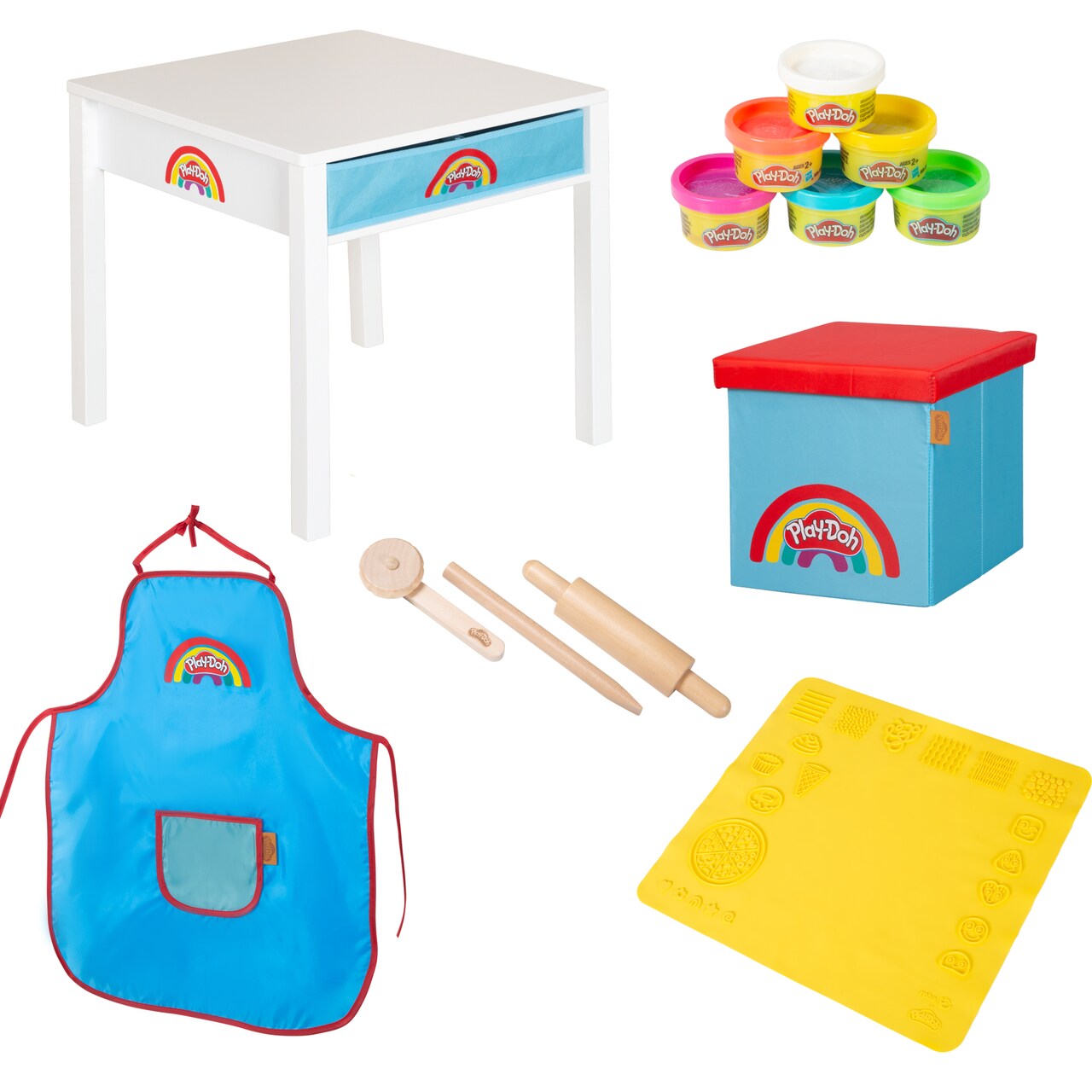 Play-Doh: Creative Craft Table - All-In-1 Art Station, Wooden Desk & Ottoman, Storage Boxes, (6) 1oz Play-Doh, Apron & Tools, 3D Silicone Mat, Kids 3+